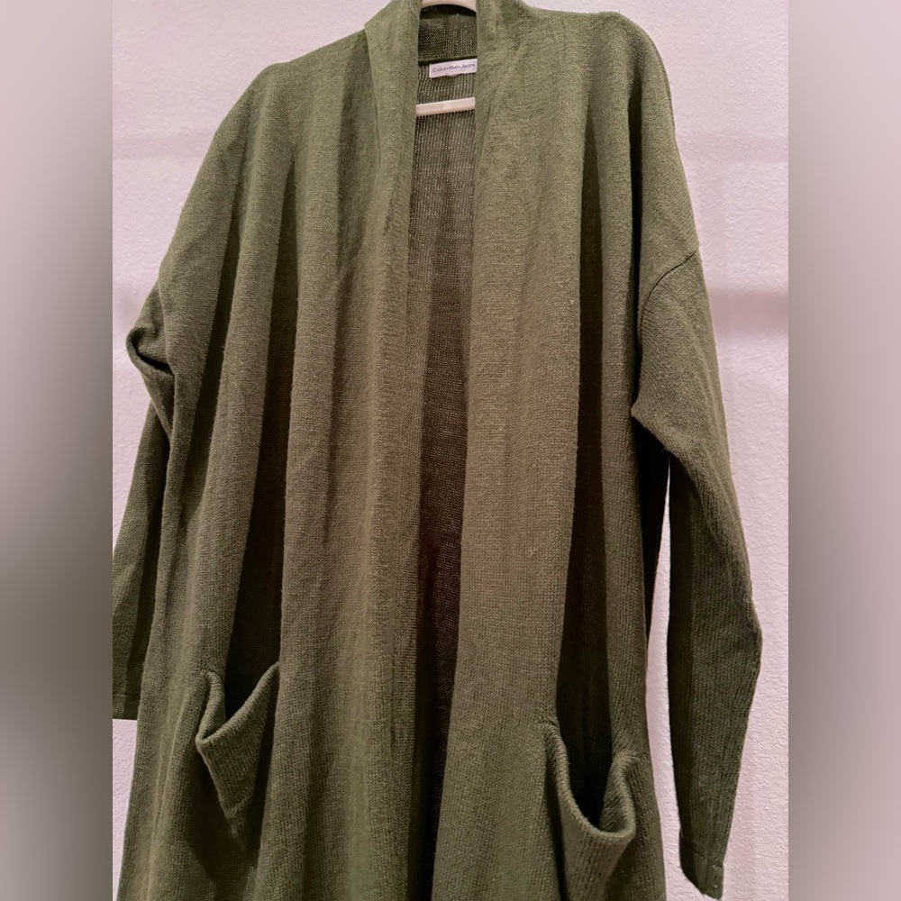 Calvin Klein Women's Open-Front Long Cardigan Duster - Thyme Size L - Picture 6 of 9